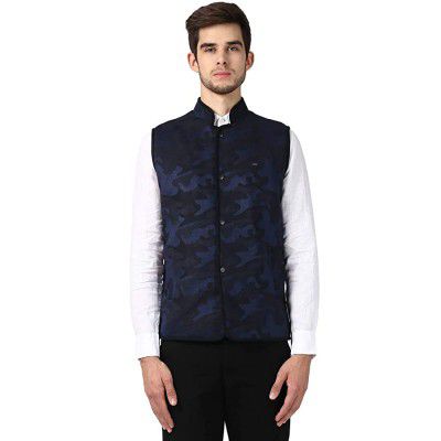 Park Avenue Men Solid Blue Coloured Polyester Blend Blazers