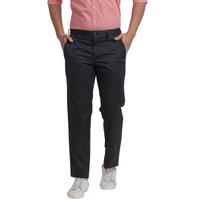 Park Avenue Men's Pure Cotton Solid Pattern Super Slim Fit Flat Front Formal Chinos