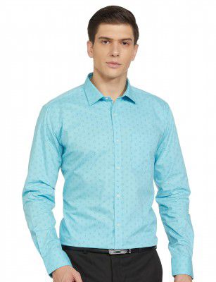Park Avenue Men's Slim Fit Pure Cotton Full Sleeve Semi Cutaway Collar Print Pattern Petrol Formal Shirt