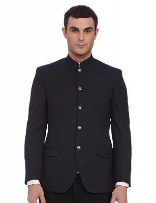 Park Avenue Solid Synthetic Fancy Blue Slim Fit Mandarin Full Sleeve Blazer