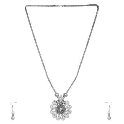 PARNA Traditional Oxidized German Silver Necklace Set for Women & Girls With Long Chain Pendant Earrings (Silver/Garba Navratri Special)