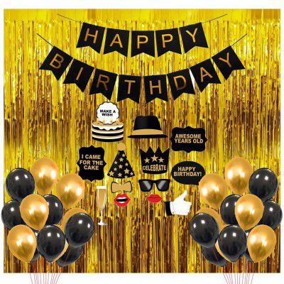 Party Propz Happy Birthday Decoration Items - 57Pcs for Black, Golden Balloons Banners