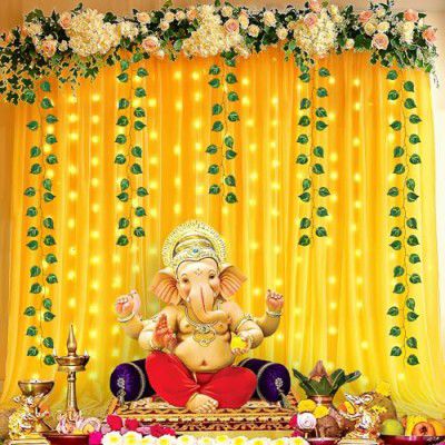 Party Propz Yellow Backdrop for Decorations - 8 pcs Ganpati Decoration (Net Curtain)