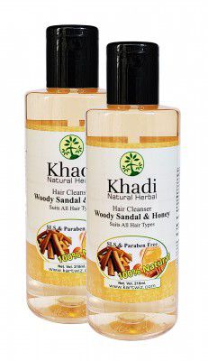 Parvati Gramodyog Khadi Woody Sandal & Honey Herbal Shampoo SLS and Paraben Free (for Normal Hair) Made in India, Red, 210 ml, Pack of 2