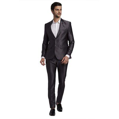 Parx Solid Terry Rayon Blend Dark Grey Peak Lapel Full Sleeve Suits