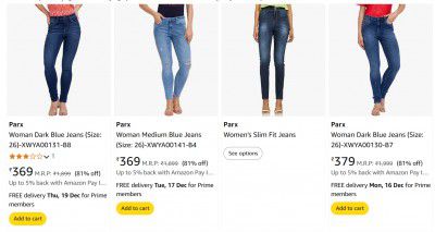 Amazon : Upto 81% Off on Parx Women Jeans