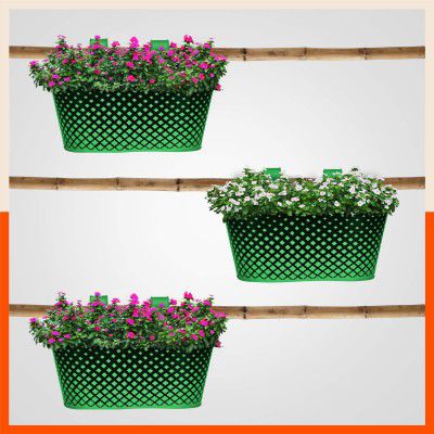 Patio by Bathla - Dia Oval Diamond Hanging Metal Pot Holders / Planters for Home / Balcony / Garden |Corrosion Resistant with Detachable Double Hooks |Green - Set of 3