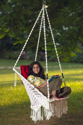Patiofy Premium Single Seater Rectangle Shape Cotton Swing Chair For Adults For Balcony/Home/Hammock Swing For Adults/Jhoola Jhula For Adults With Red Square Cushion & Hanging Kit- White