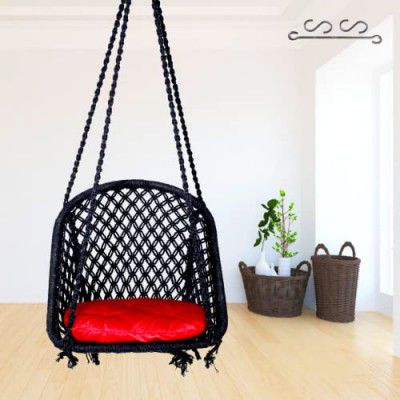 Patiofy Swing For Adult/ Swing For Balcony/ Swing Chair For Adults For Home/ Cotton D Shape Swing Chair /Swing For Indoor Outdoor Garden/ Includes Hanging Kit & Red Cushion Black Swing By Patiofy