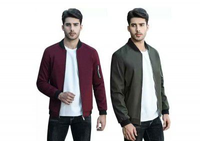 PAUSE Cotton Maroon and Olive Low-cut Stand Collar Slim Fit Full Sleeve Men's Jacket