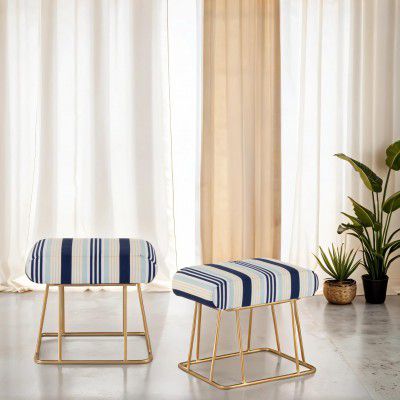 Peachtree Square Printed Velvet & Iron Frame Stool - Puffy Ottoman Set (Grey & Blue, 1Ft Height, 2 Pack)