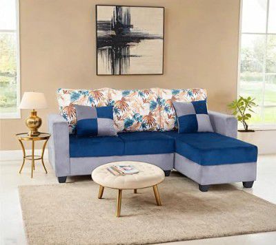 Peachtree Urban 4 Seater L Shape Sofa Set for Living Room | Velvet Couch with Mango Wooden Frame | 1 Year Warranty, Sofa Set with 5 Printd Cushions | Padded Armstyle Sofa with PVC Legs (Blue & Grey)