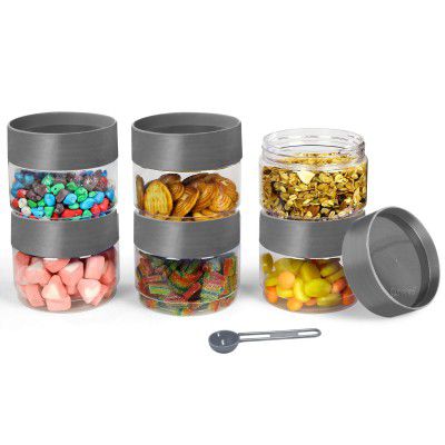 PEARLPET Modedge Plastic Jar Airtight Stackable Container | Set of 6 Pieces, Grey, 500 ML