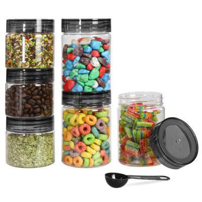 PEARLPET Plastic Tiffany Container Set for Kitchen Storage Set with Spoons, ((200ml-3pcs),(300ml-3pcs) Set of 6) -Black