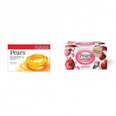 Pears Pure And Gentle Soap Bar, 125g (Pack Of 3) & Natural Pomegranate Brightening Bathing Soap Bar, 125 g (Pack of 3)