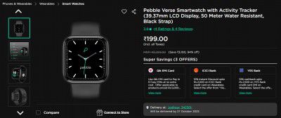 Pebble Verse Smartwatch with Activity Tracker (39.37mm LCD Display, 50 Meter Water Resistant, Black Strap)