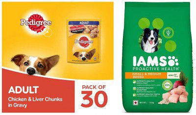 Pedigree & IAMS Combo for Adult Dogs - Chicken & Liver Chunks in Gravy Wet Dog Food, 70 g (Pack of 30) + Proactive Health (Small & Medium Breed, 1+ Years) 1.5 kg