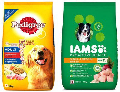 Pedigree & IAMS Combo for Adult Dogs - Chicken & Vegetables Dry Dog Food, 10 kg + Proactive Health (Small & Medium Breed, 1+ Years) 1.5 kg