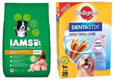 Pedigree & IAMS Combo for Adult Dogs - Dentastix Oral Care (Large Breed, 25 kg+) 28 Sticks + Proactive Health (Small & Medium Breed, 1+ Years) 1.5 kg