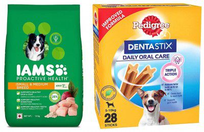 Pedigree & IAMS Combo for Adult Dogs - Dentastix Oral Care (Small Breed, 5-10 kg) 28 Sticks + Proactive Health (Small & Medium Breed, 1+ Years) 1.5 kg