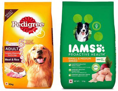 Pedigree & IAMS Combo for Adult Dogs - Meat & Rice Dry Dog Food, 10 kg + Proactive Health (Small & Medium Breed, 1+ Years) 1.5 kg