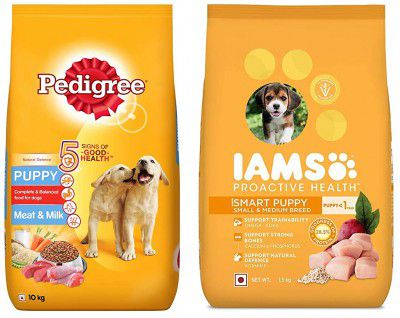 Pedigree & IAMS Combo for Puppy - Meat & Milk Dry Dog Food, 10 kg + Proactive Health (Small & Medium Breed, <1 Years) 1.5 kg