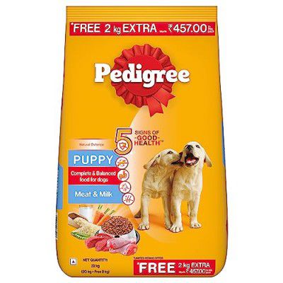 Pedigree Puppy Dry Dog Food, Meat & Milk Flavour, 20 + 2 Kg Free, Complete and Balanced Nutrition for All Breed Size Puppy Dogs