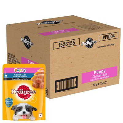Pedigree Wet Food for Puppy, Chicken Liver in Loaf with Vegetables Flavour, 30 Pouches (30 x70g)