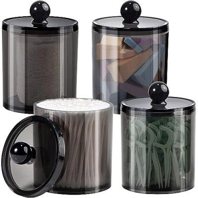 PEGACORN Cottonswab Storage Dispenser with Lid, Clear Cotton Ball Swab Holder Cotton/Earbud Holder Storage Box, Cosmetics Makeup Storage Holder Box for Women Organizer Container (Black Pack of 4)