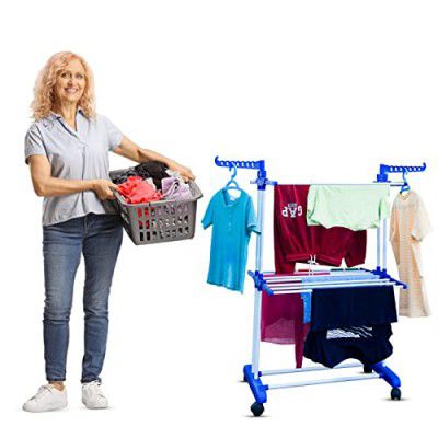 PENG ESSENTIALS 2-Tier Pole Foldable Powder Coated Mild Steel Cloth Drying Stand with 30 kg of Cloth Drying Capacity (White & Blue)