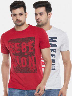 People Men Set Of 2 Red & White Typography Printed Slim Fit T-shirts