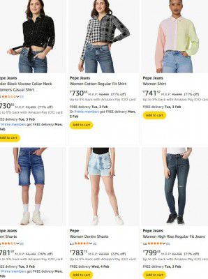 Amazon : Min 70 - 80% OFF - Pepe Jeans Womens Clothing