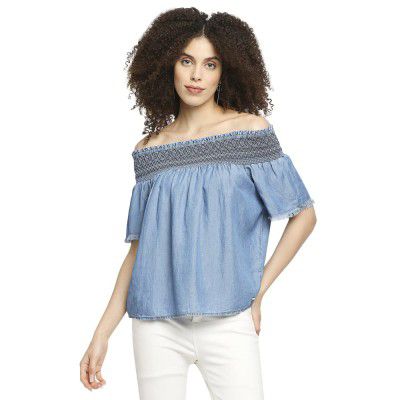 Pepe Jeans Women's Round Neck Textured Off Shoulder Regular Fit Top