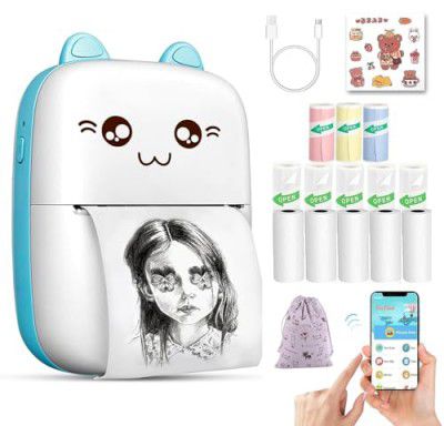 PeriPeri C6. Gift Box Combo Mini Thermal Printer (1Year Warranty) Inkless Bluetooth Pocket Printer with Pouch, 10 Paper & Sticker Rolls. Compatible with iOS, Android (Blue)
