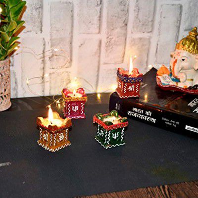 Perpetual Tulsi Diya for Diwali Decoration Handmade | Earthen Clay Terracotta Decorative Diya 4 Pcs Set | Tealight Candle Festival Diya Oil Lamps | Handmade | Best Gift