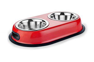 Pet Wholesale Stainless Steel Dog Bowl/Dog Food Bowl/Dog Double Dinner Set - Metallic- 1600 Ml - Large (Colour May Vary), 29.72 X 52.32 X 9.65 Cm