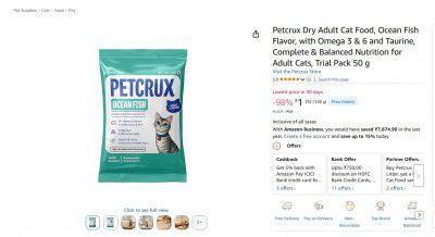 Petcrux Dry Adult Cat Food, Ocean Fish Flavor, with Omega 3 & 6 and Taurine, Trial Pack 50 g