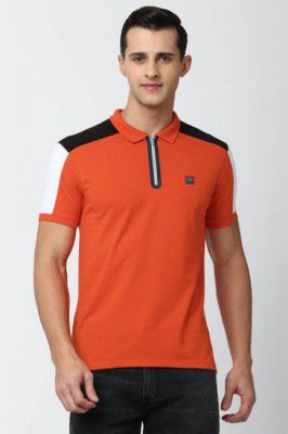 PETER ENGLAND  Men Printed Polo Neck Poly Cotton Orange T-Shirt
