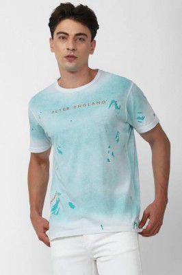 PETER ENGLAND  Men Printed Round Neck Pure Cotton Light Blue T-Shirt