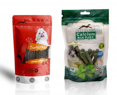 Pets Empire Calcium Milk Plus Dog Dental Bone Treats, Dental Chews for Dogs (Peppermint, Medium-7 cm (180 GMS) 20 Pcs) + Pets Empire Barkbites Dog Treats 70 GMS (Chicken Flavour)