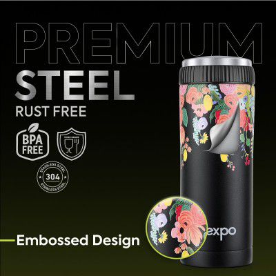 Pexpo Crypto Art 500 ISI Certified Stainless Steel Vacuum Insulated Coffee Tumbler - 430ml | Hot & Cold | Double Wall Flask | Leak Proof | Travel Mug for Office and Car - Floral Black UV Print