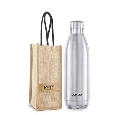 Pexpo Electro 1800 Hot & Cold ISI Certified with Jute Bag | Stainless Steel Water Bottle - 1750ml, Silver | Thermoflask | Office Bottle | Workout | Travelling | Home