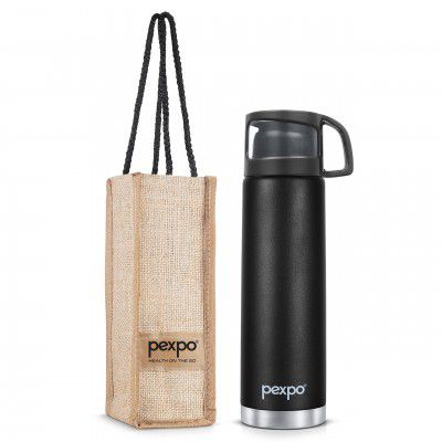 Pexpo Stainless Steel Water Bottle 1 LTR, ISI Certified, Hot & Cold Flask with Jute Bag | 3 Layer Insulation