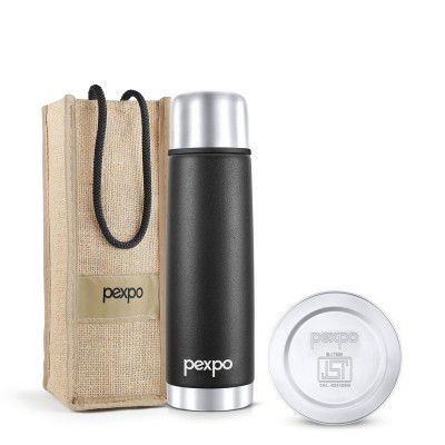 PEXPO Stainless Steel Water Bottle 500ml, ISI Certified, Hot & Cold Flask with Jute Bag 
