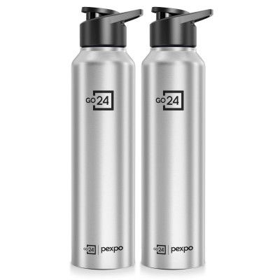 PEXPO Water Bottle 1 ltr Go24 Stainless Steel Sports/Fridge Bottle with Sipper Cap (Pack of 2)| Craft Pro 950ml | Silver