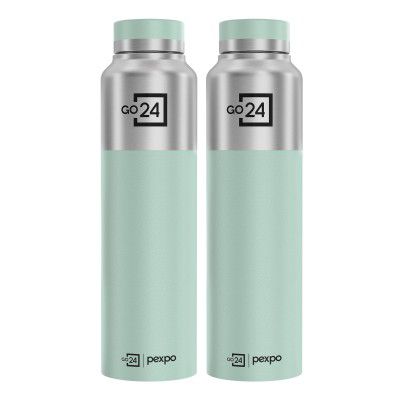 PEXPO Water Bottle 1 ltr Go24 Stainless Steel Sports/Fridge Bottle with Steel Cap (Pack of 2)| Crown 950ml 
