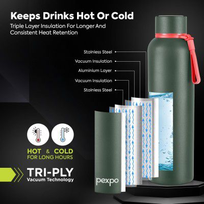 PEXPO Water Bottle 1 LTR Stainless Steel | Hot and Cold Flask | Military Green