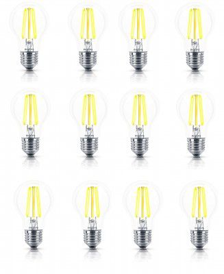 PHILIPS 4-watt E27 A60 LED Glass Filament Bulb | Warm White/Golden Yellow, Pack of 12