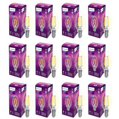 PHILIPS 4-watt Filament Candle LED Bulb | Clear Candle Bulb Home & Decoration | Bulb Base: E14, Cool White | Pack of 12
