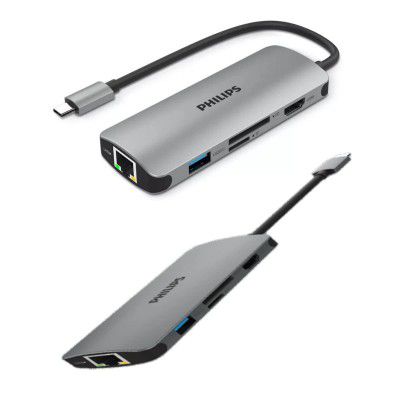 PHILIPS 6 in 1 USB Type C to ethernet + HDMI 4K 30Hz + USB A + PD (max 60W) + Micro SD Card Slot Dock Adapter for MacBook, Windows OS, iPad, Chromebook, Surface, Android Type C Port Devices